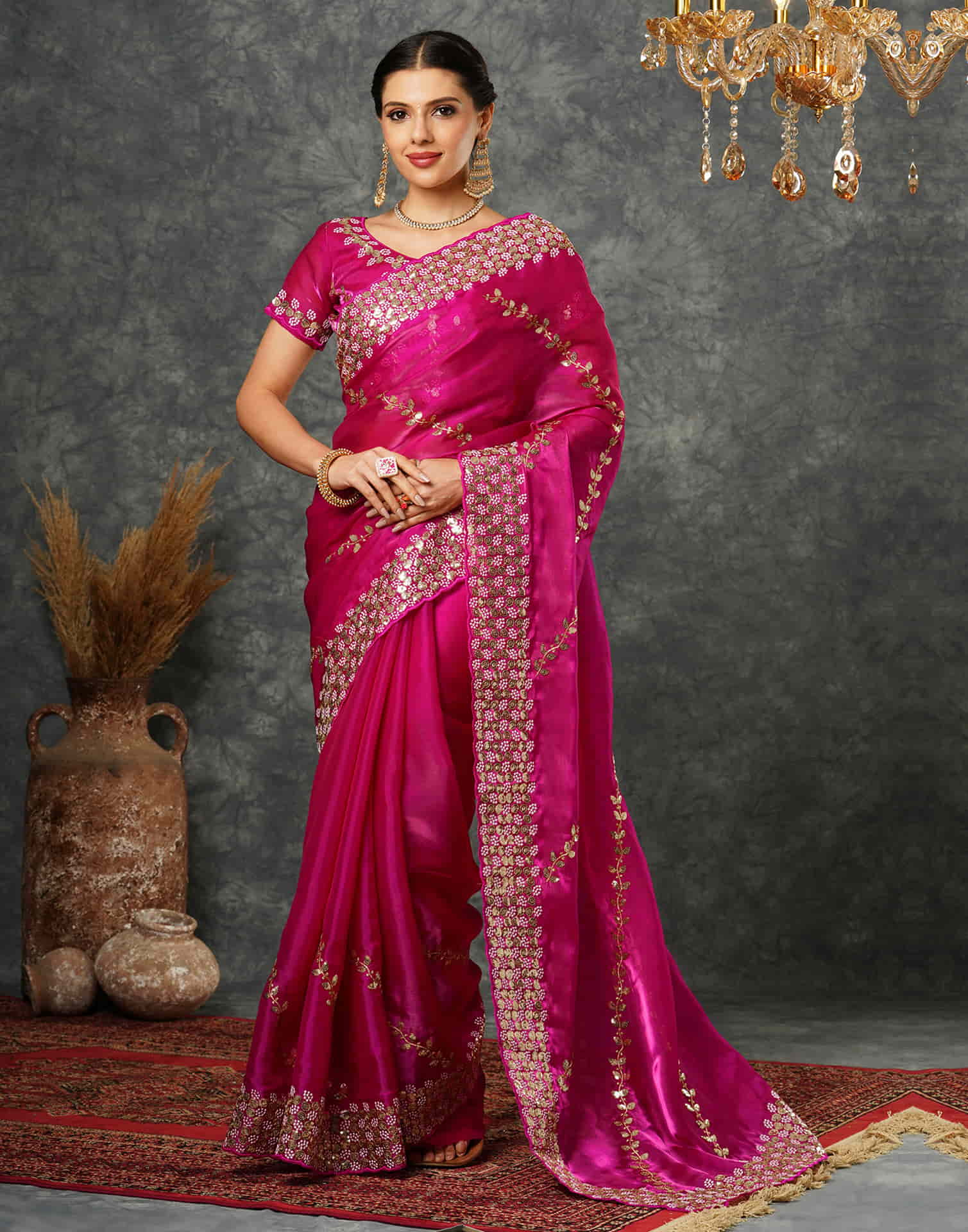 Rani Pink Silk Embroidery Embroidery Saree