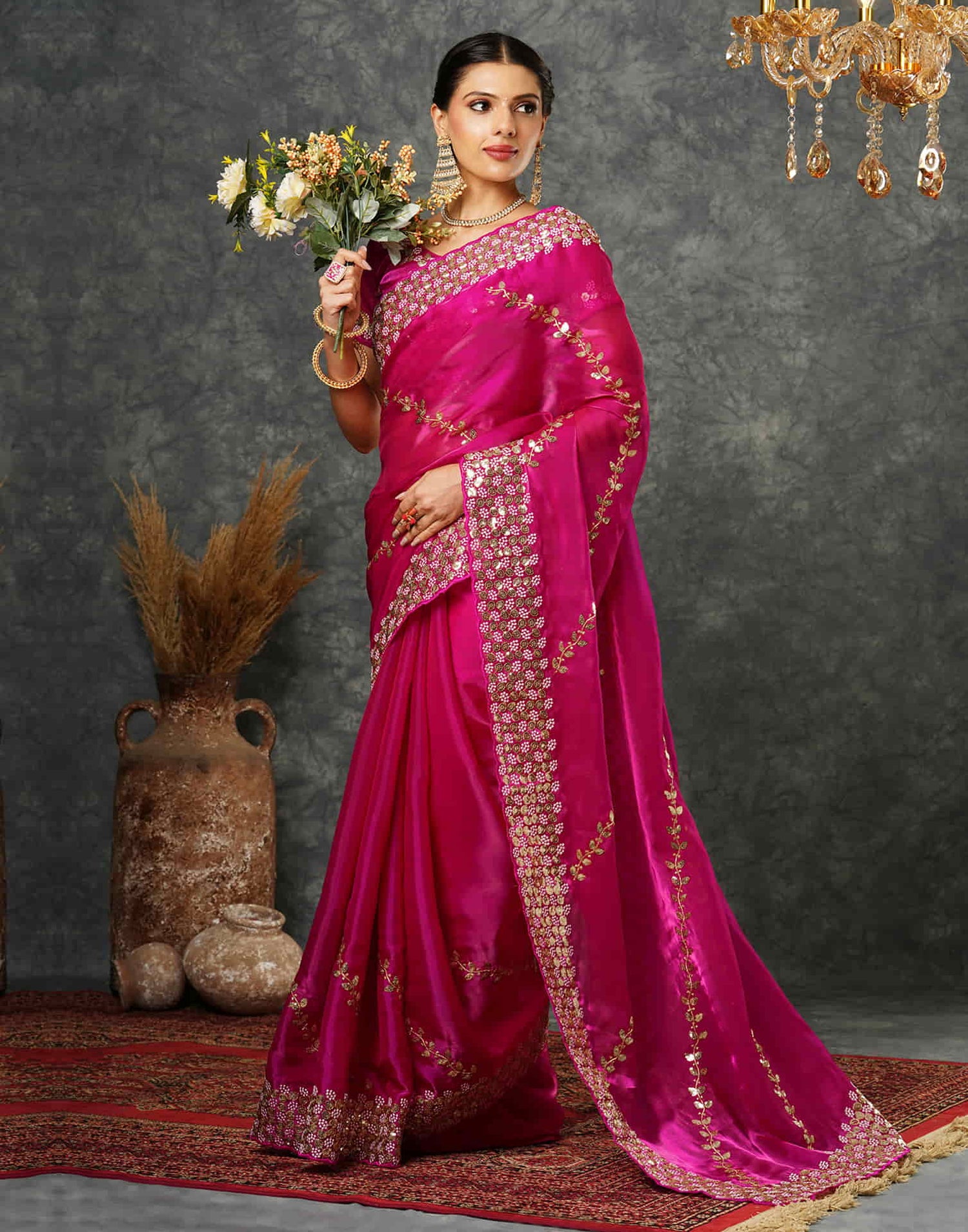 Rani Pink Silk Embroidery Embroidery Saree