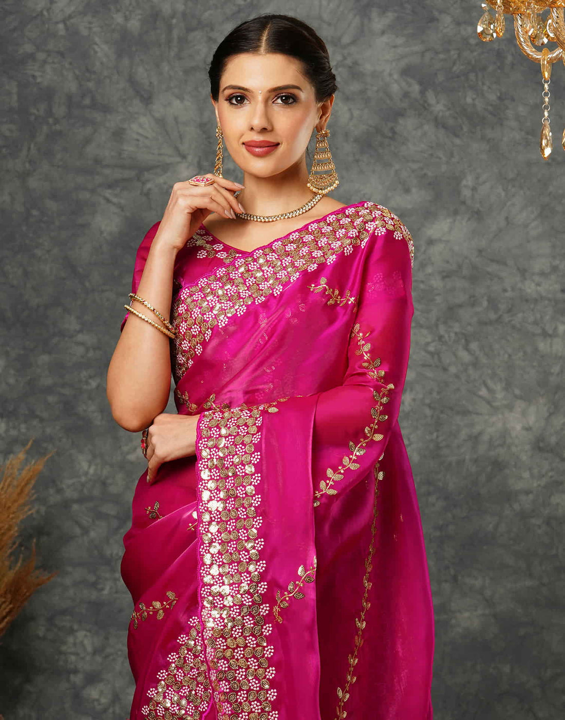 Rani Pink Silk Embroidery Embroidery Saree