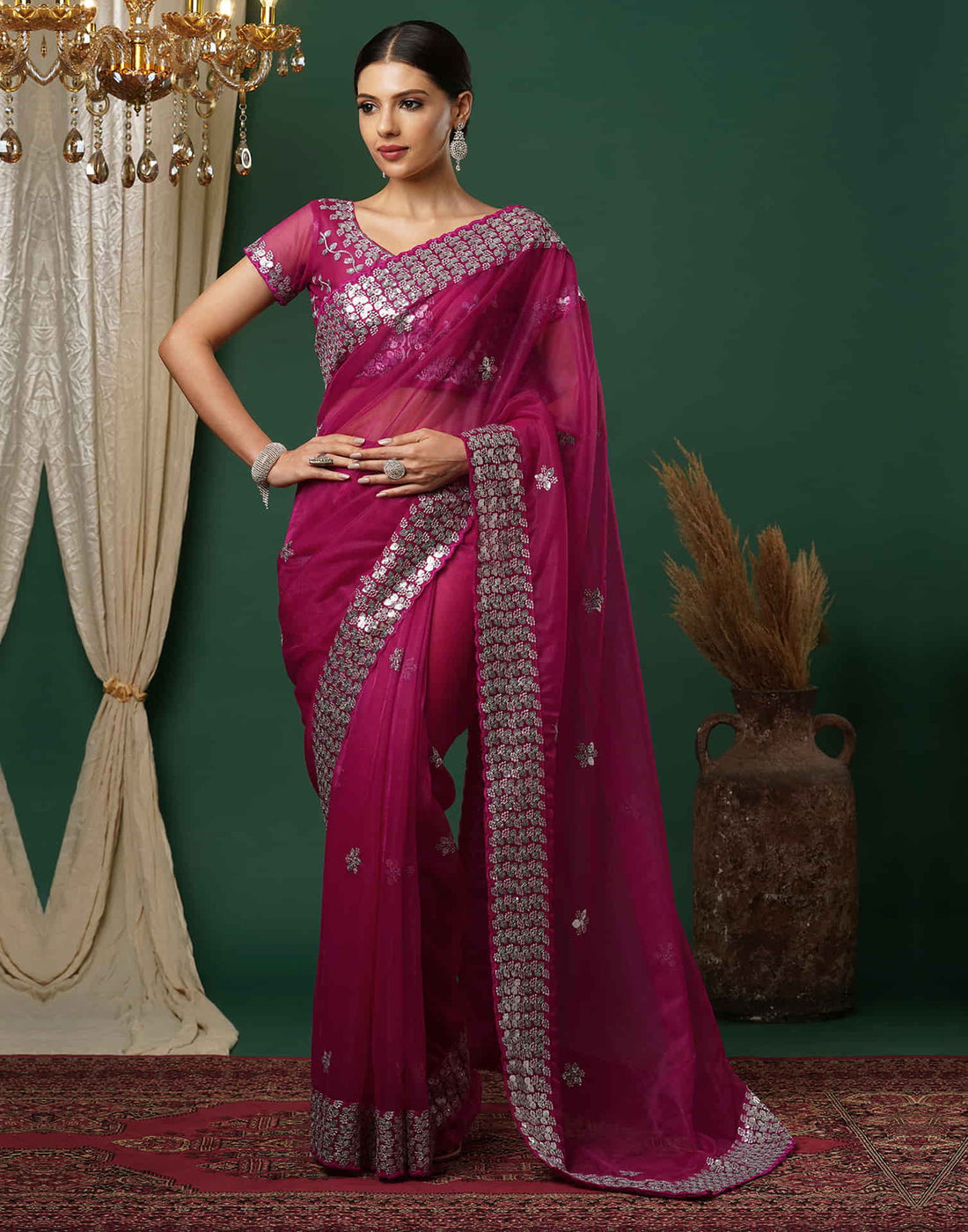 Rani Pink Net Embroidery Embroidery Saree