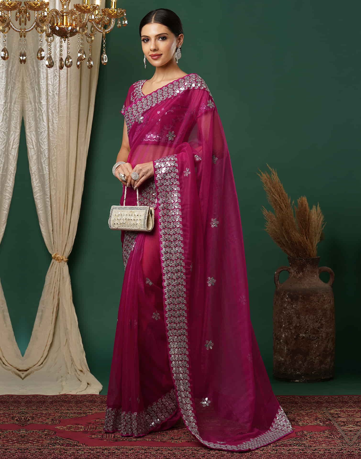 Rani Pink Net Embroidery Embroidery Saree