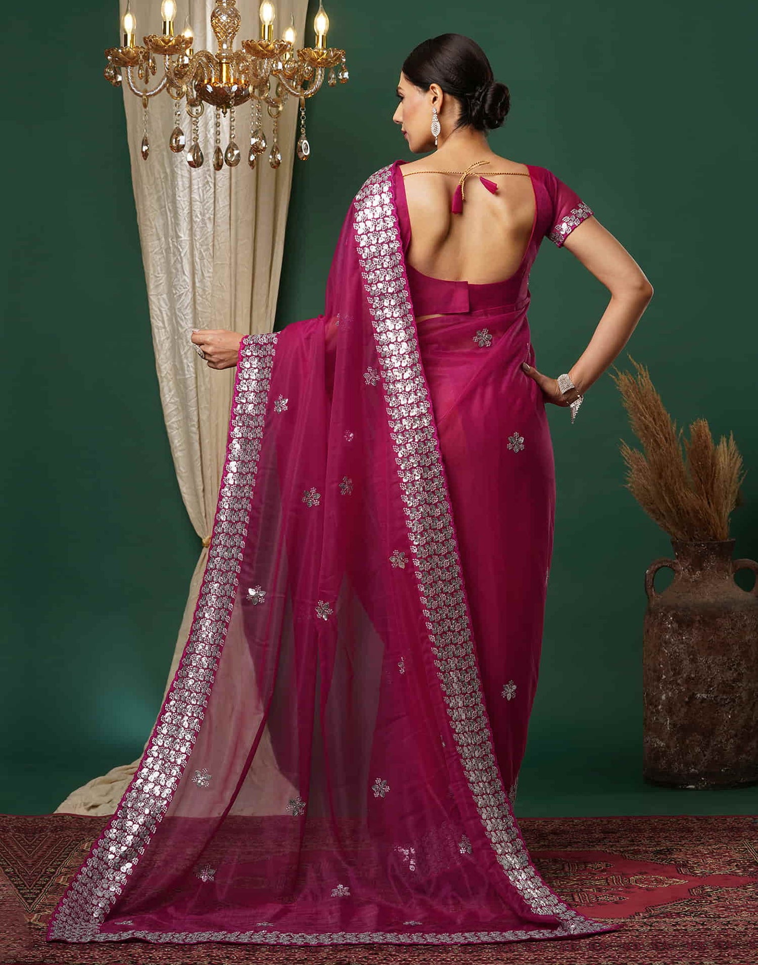 Rani Pink Net Embroidery Embroidery Saree