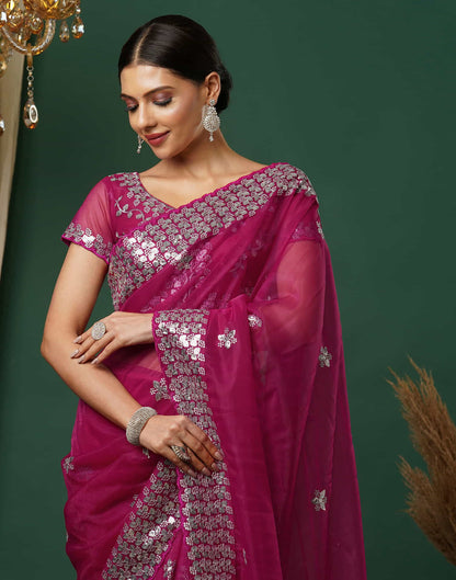 Rani Pink Net Embroidery Embroidery Saree