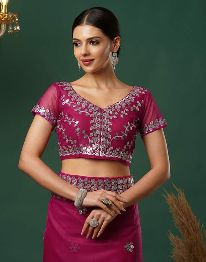 Rani Pink Net Embroidery Embroidery Saree