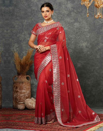 Red Net Embroidery Embroidery Saree