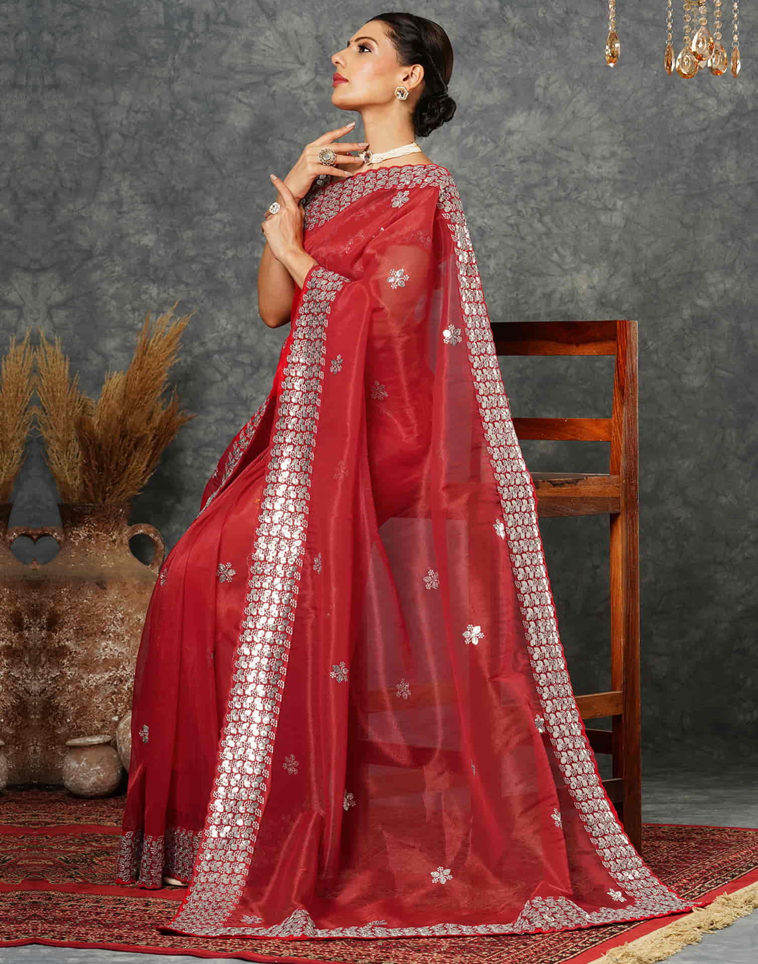 Red Net Embroidery Embroidery Saree