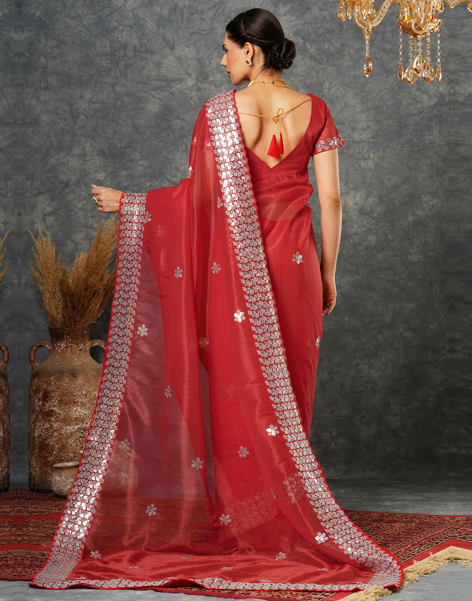 Red Net Embroidery Embroidery Saree