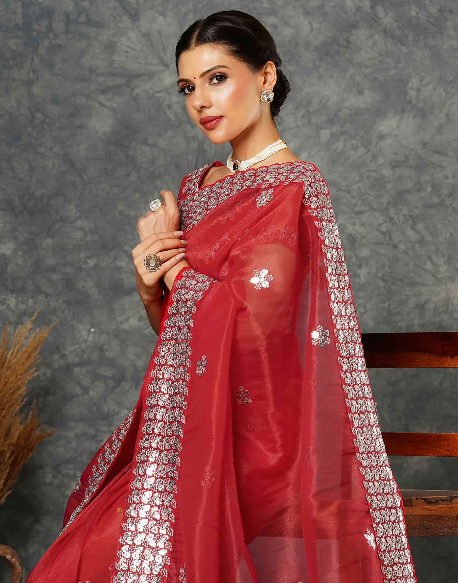 Red Net Embroidery Embroidery Saree