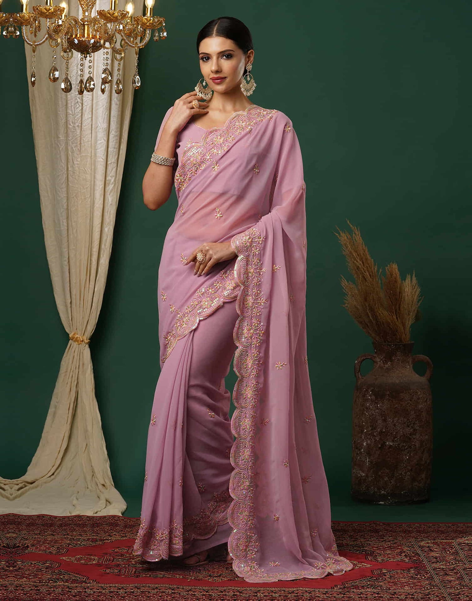 Light Dusty Pink Georgette Embroidery Embroidery Saree