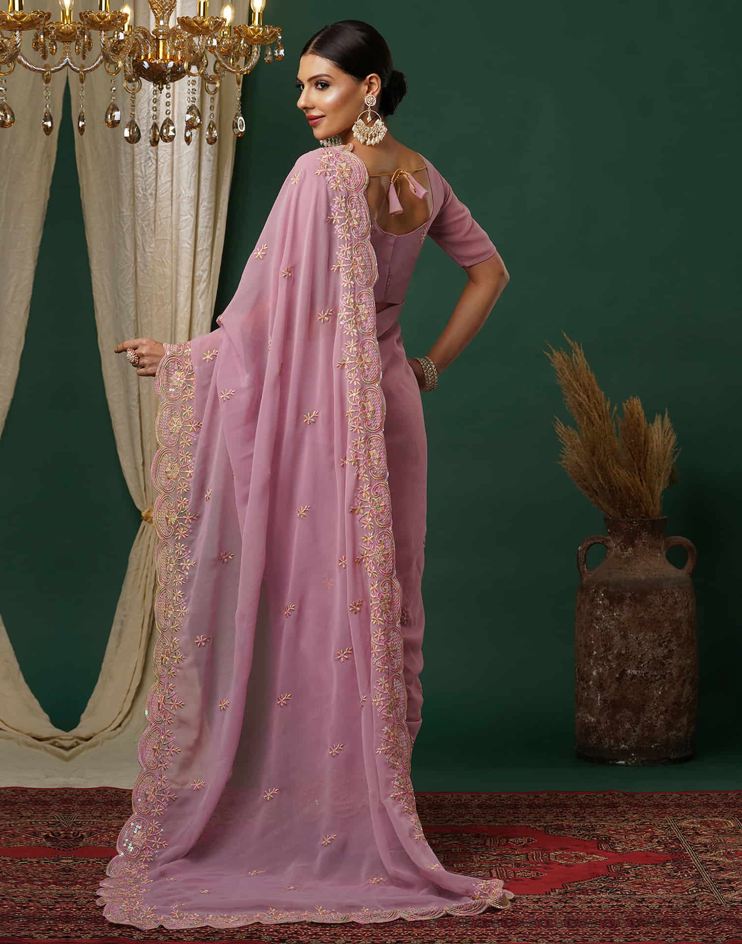 Light Dusty Pink Georgette Embroidery Embroidery Saree