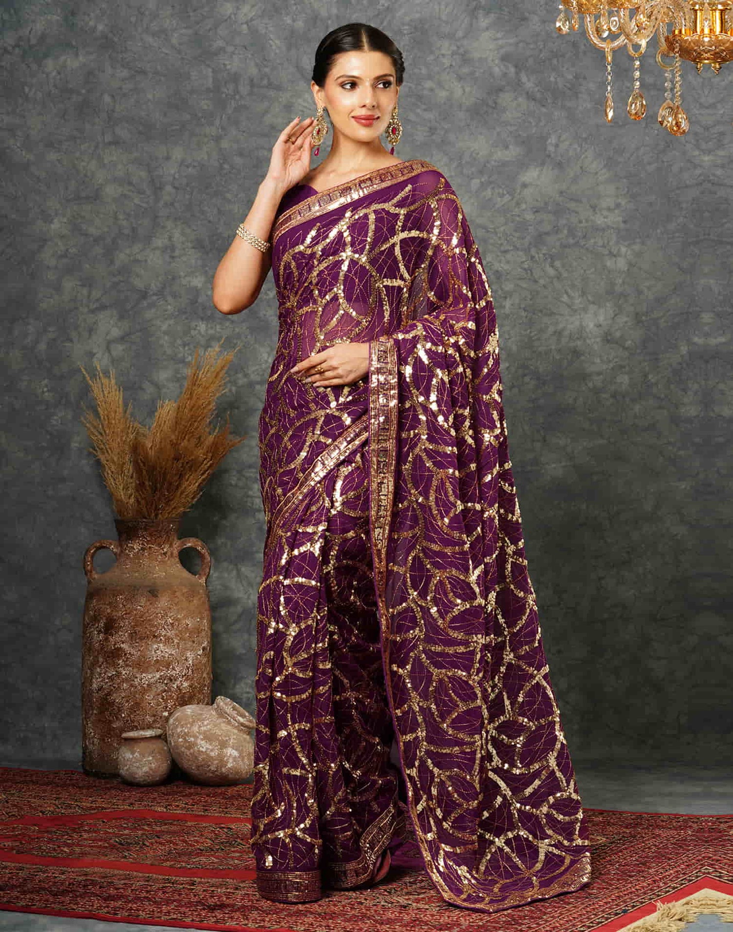 Wine Georgette Sequence Embroidery Saree