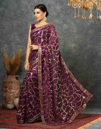 Wine Georgette Sequence Embroidery Saree