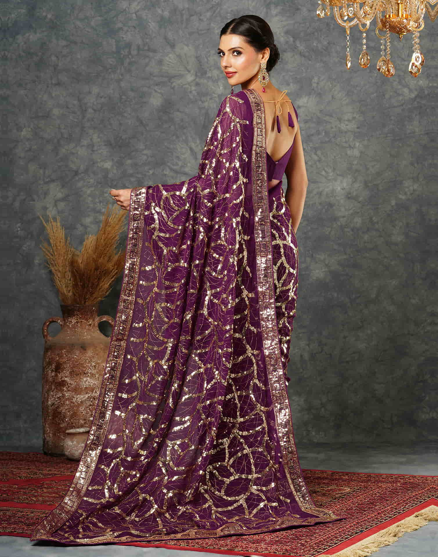 Wine Georgette Sequence Embroidery Saree