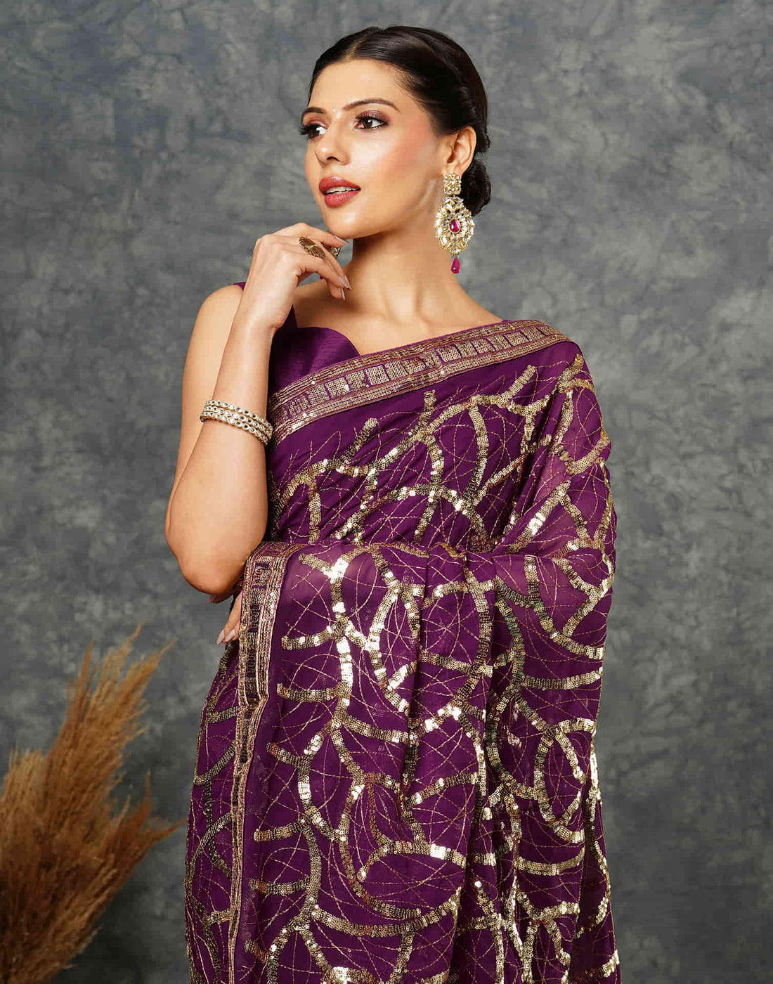 Wine Georgette Sequence Embroidery Saree