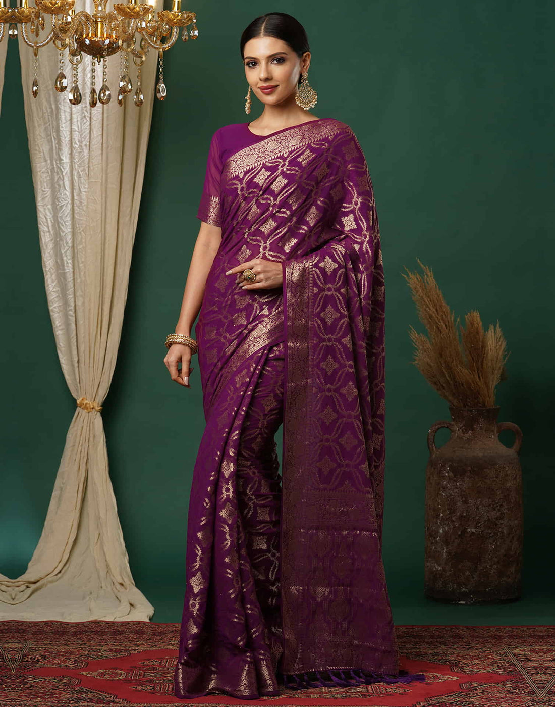 Wine Georgette Woven Banarasi Saree