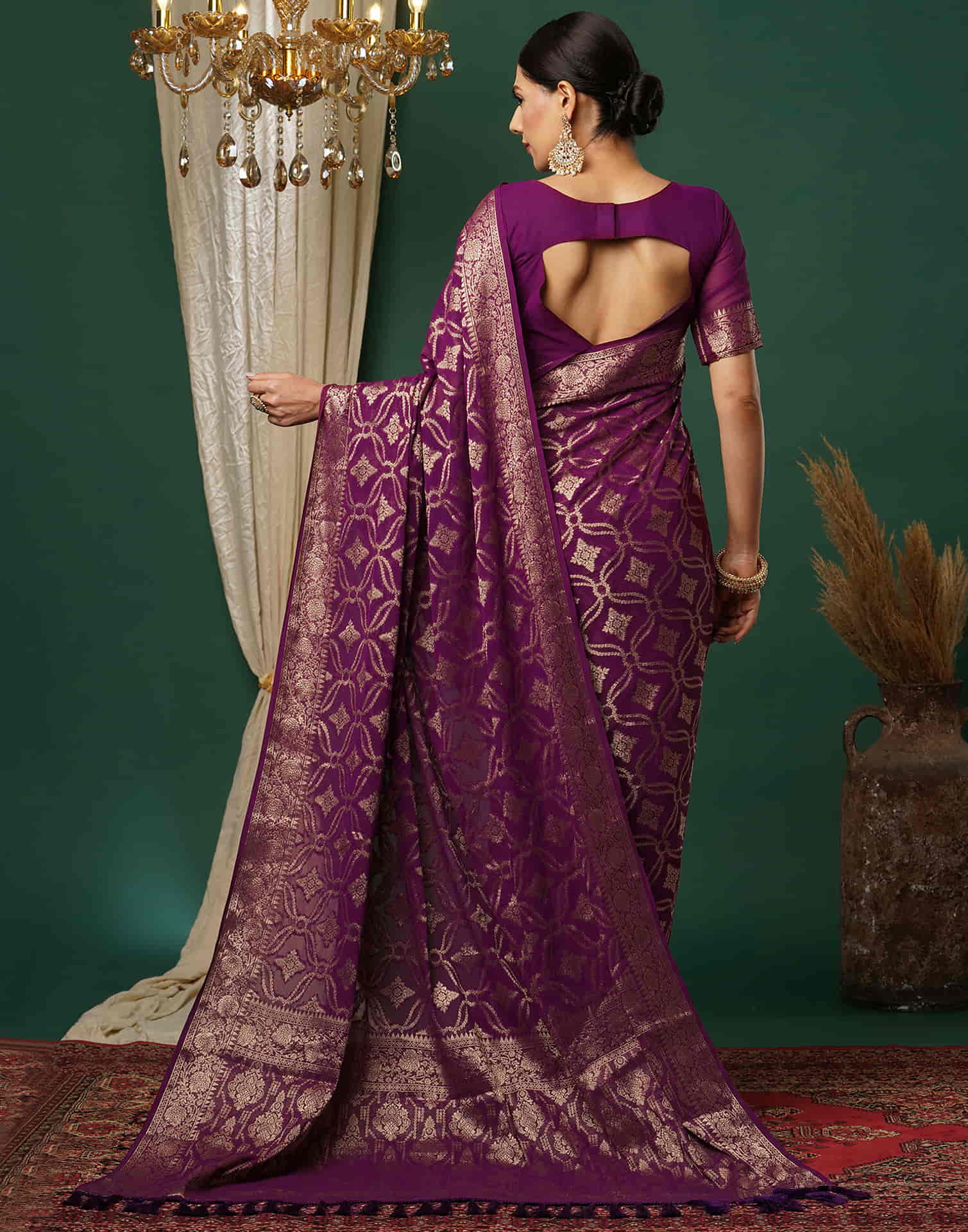 Wine Georgette Woven Banarasi Saree