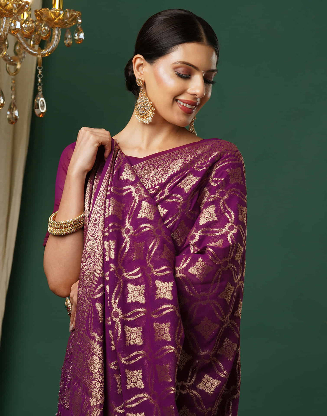 Wine Georgette Woven Banarasi Saree