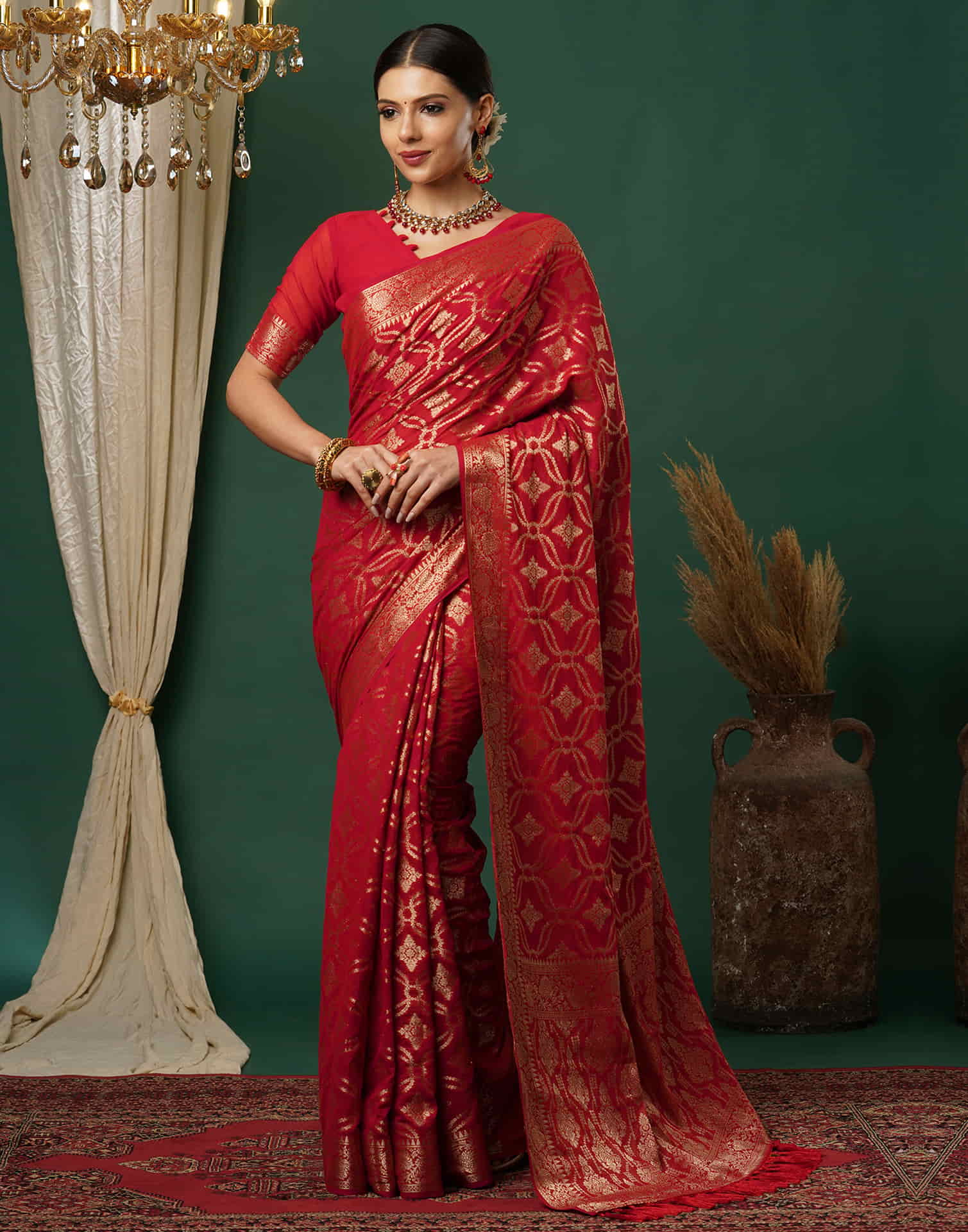 Red Georgette Woven Banarasi Saree