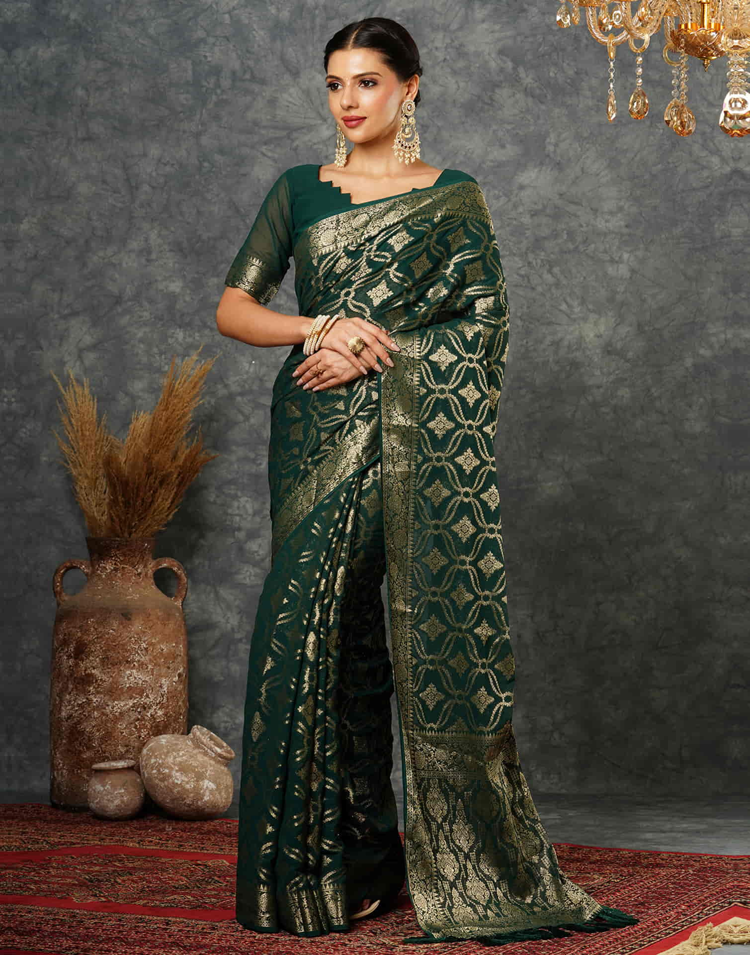 Dark Green Georgette Woven Banarasi Saree