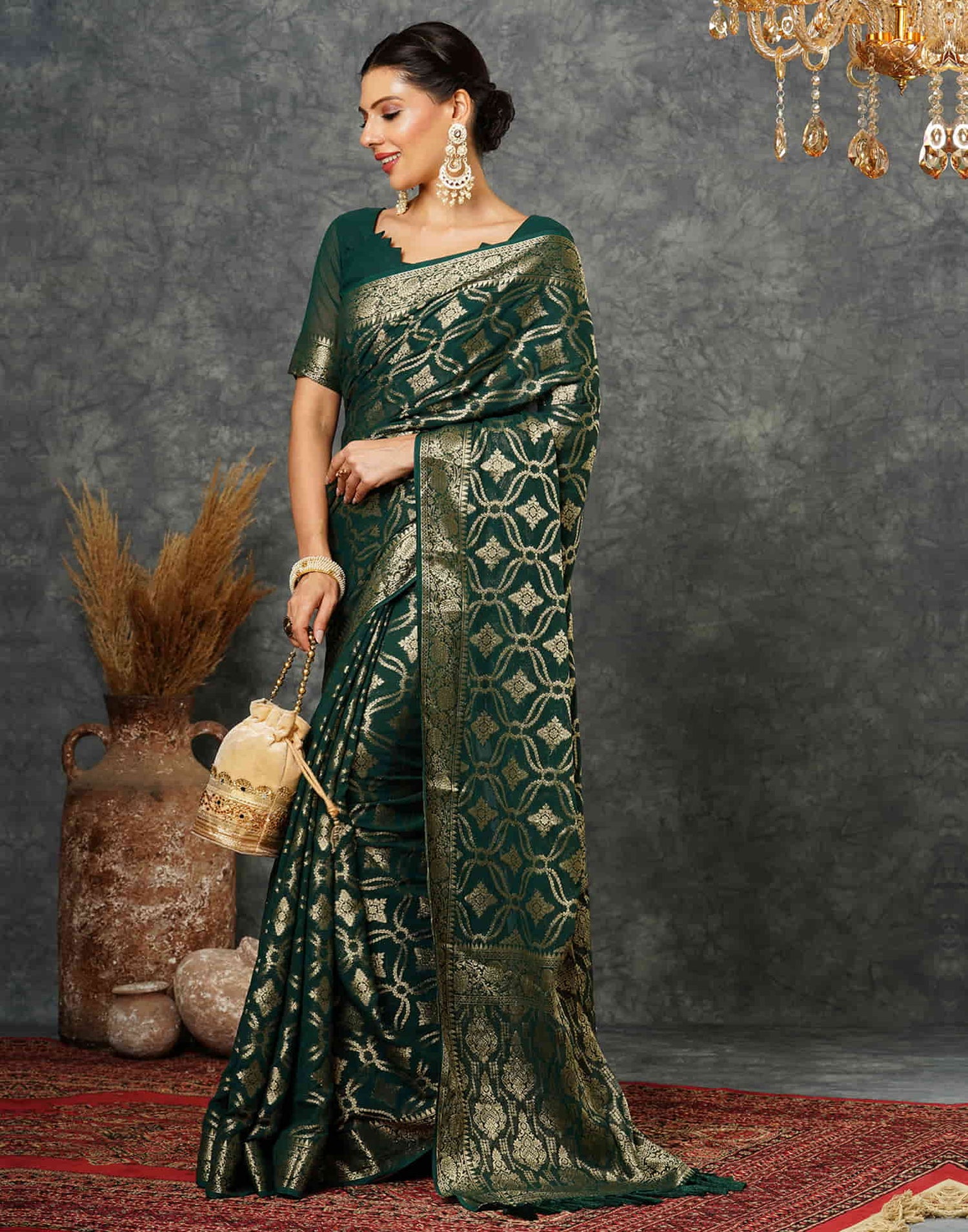 Dark Green Georgette Woven Banarasi Saree