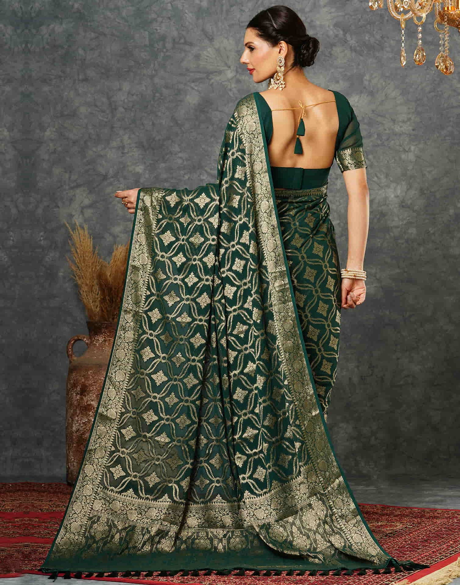 Dark Green Georgette Woven Banarasi Saree