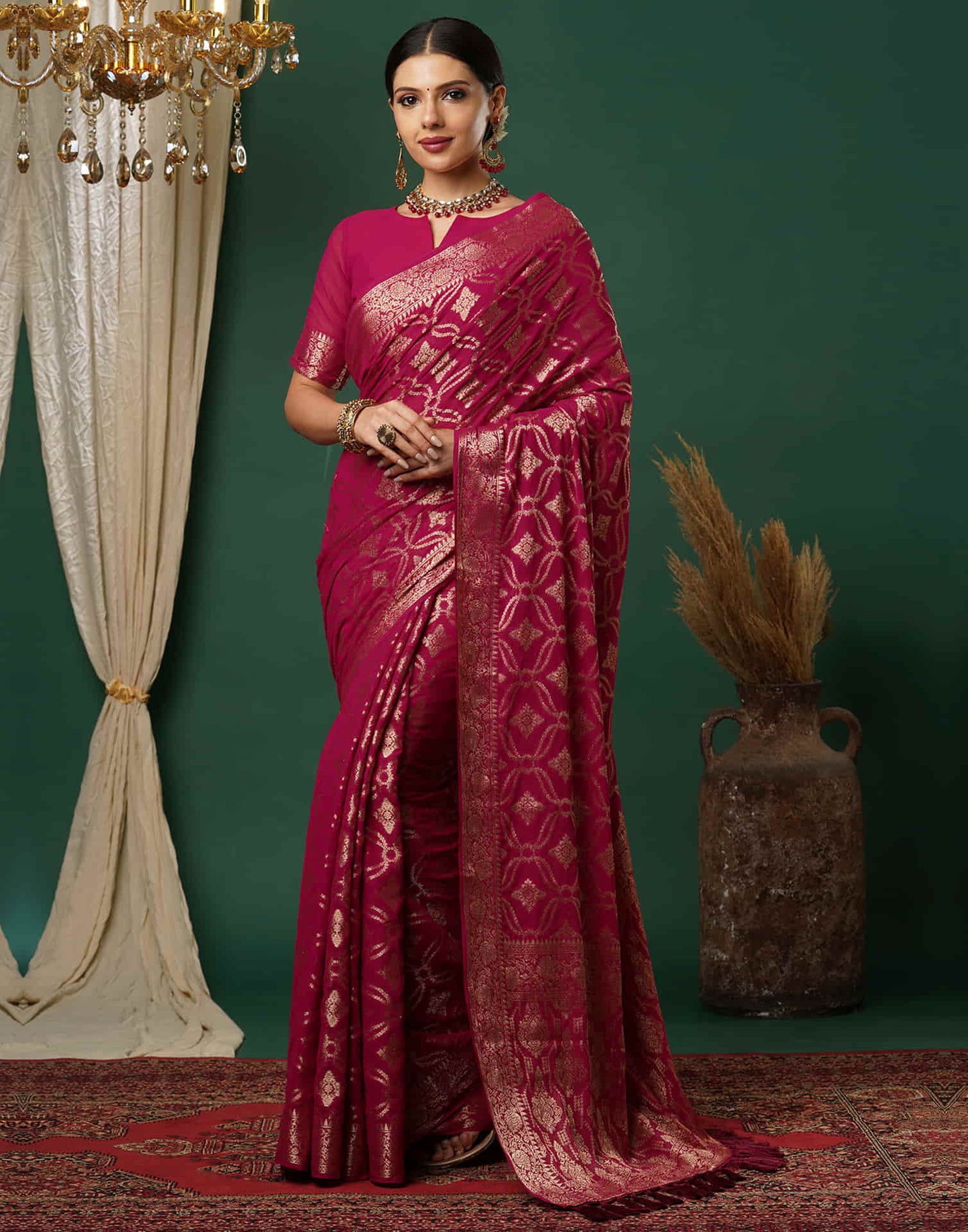 Rani Pink Georgette Woven Banarasi Saree