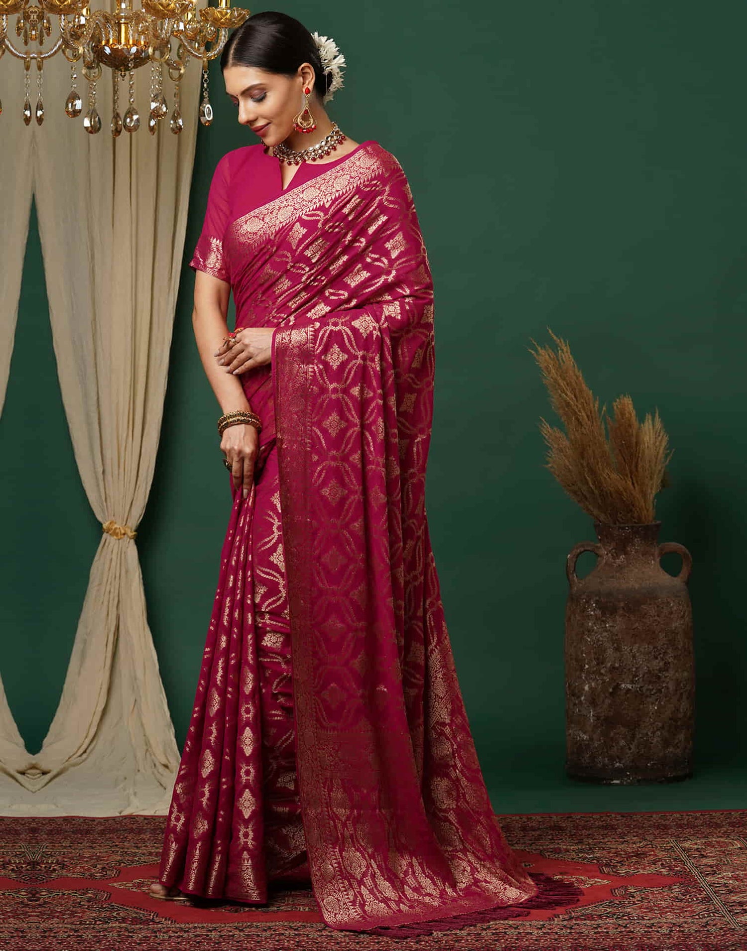 Rani Pink Georgette Woven Banarasi Saree