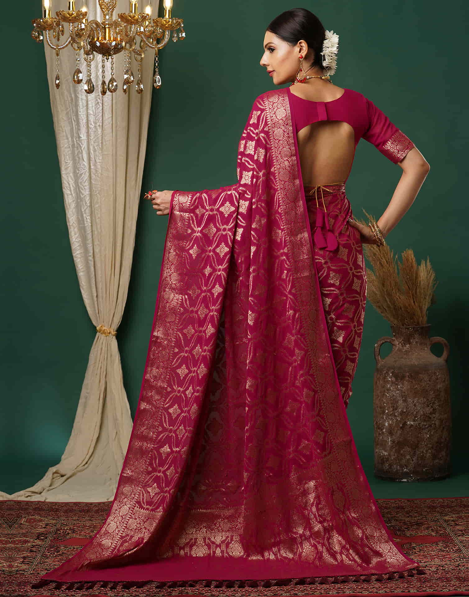 Rani Pink Georgette Woven Banarasi Saree