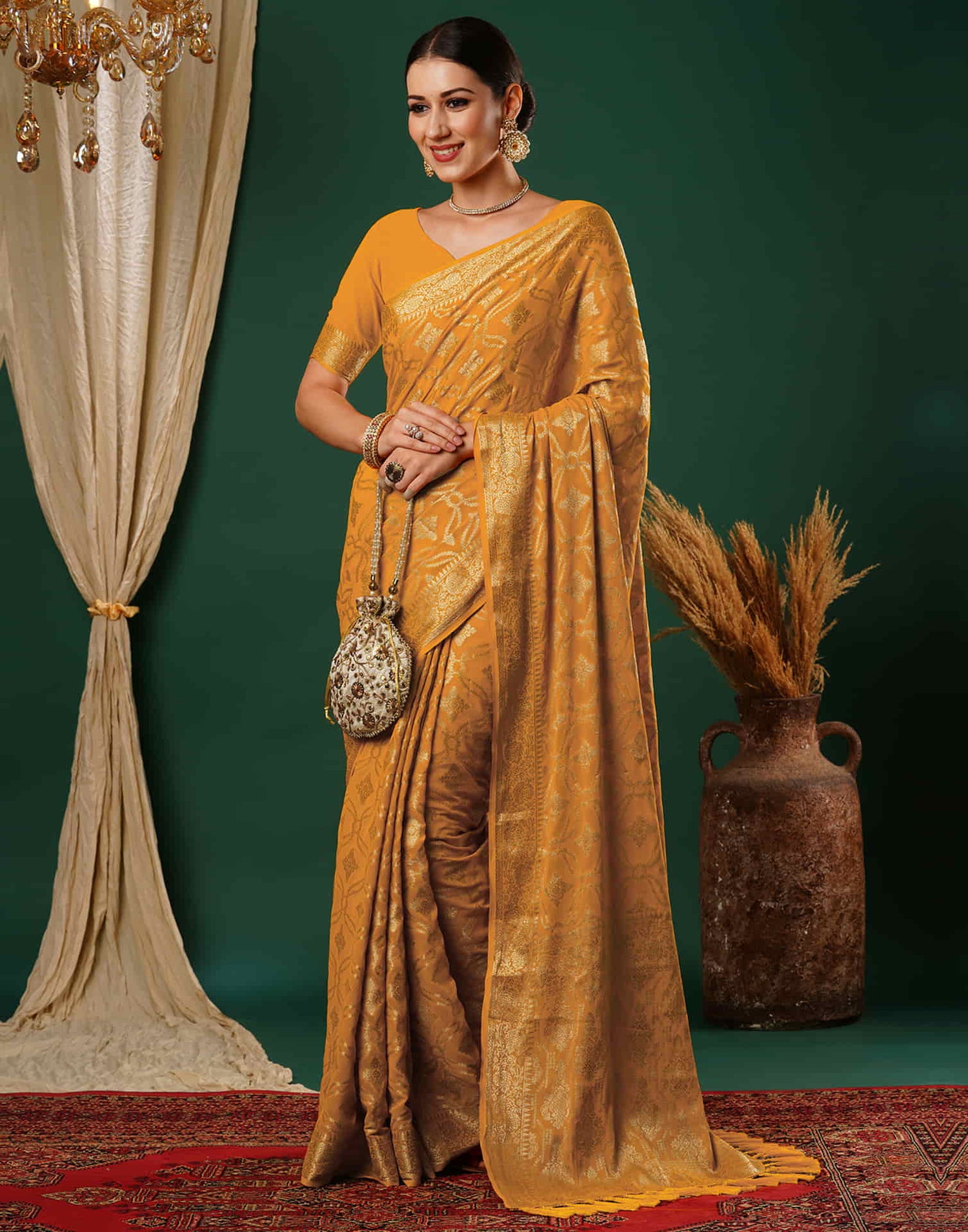 Turmeric Yellow Georgette Woven Banarasi Saree