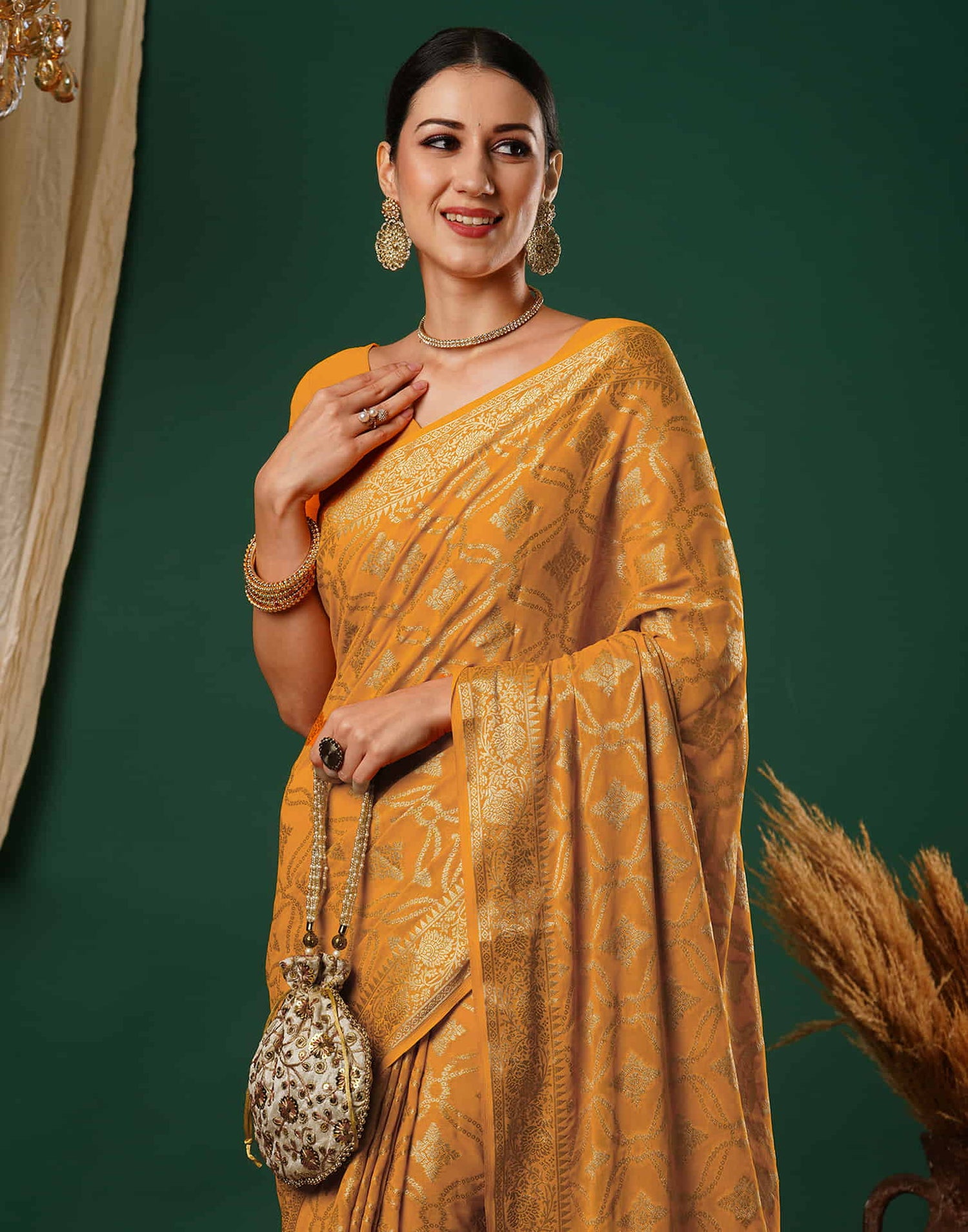 Turmeric Yellow Georgette Woven Banarasi Saree