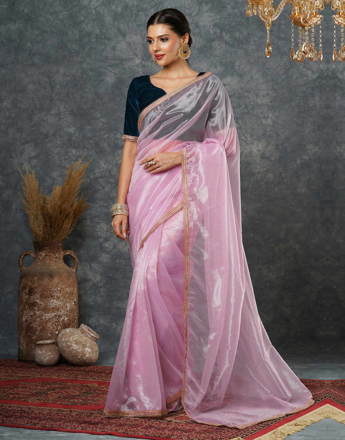 Light Pink Net Plain Saree