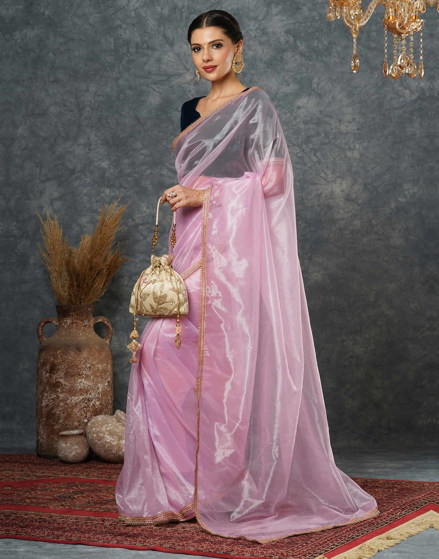 Light Pink Net Plain Saree