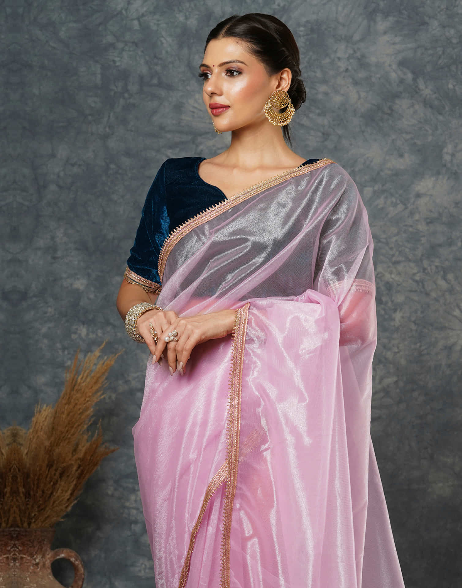 Light Pink Net Plain Saree