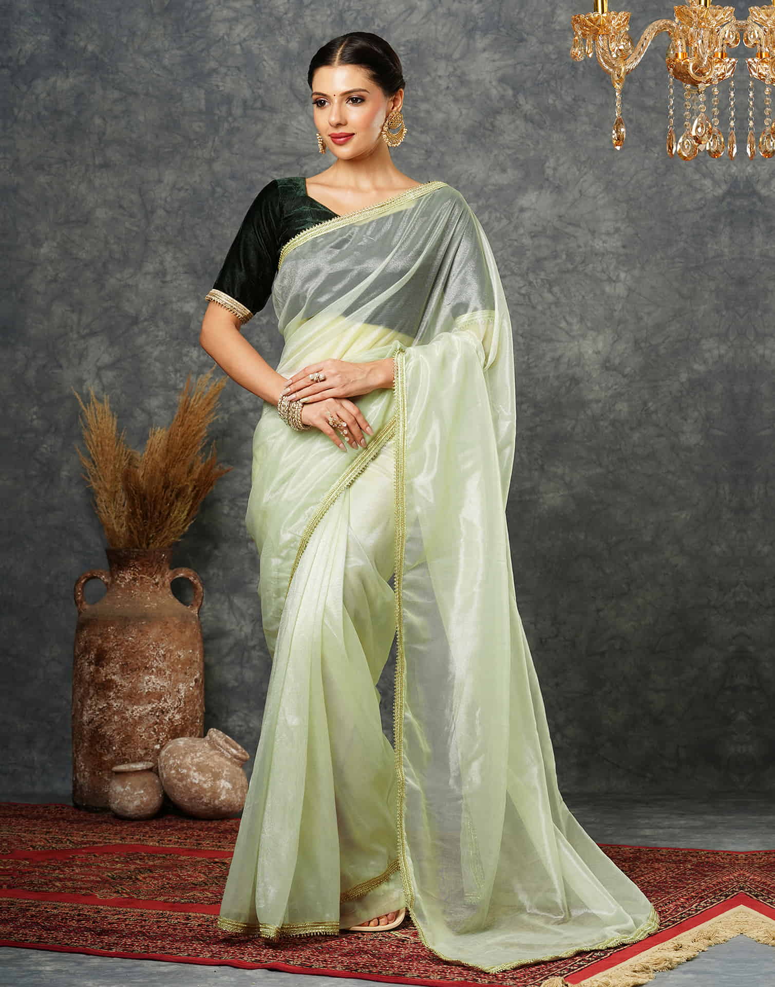 Light Pista Green Net Plain Saree