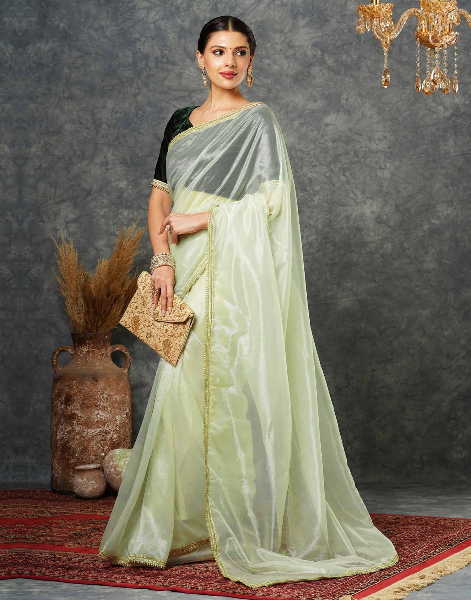 Light Pista Green Net Plain Saree