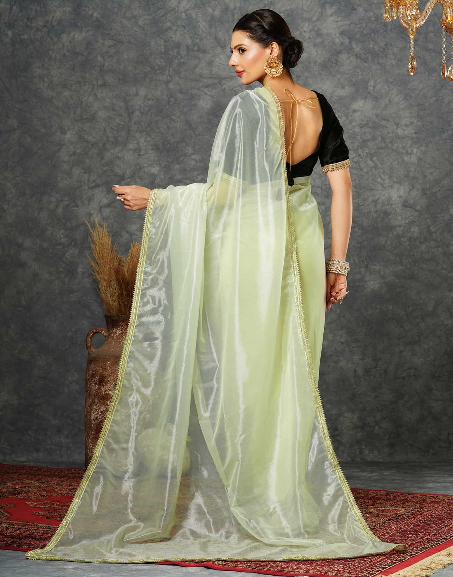 Light Pista Green Net Plain Saree