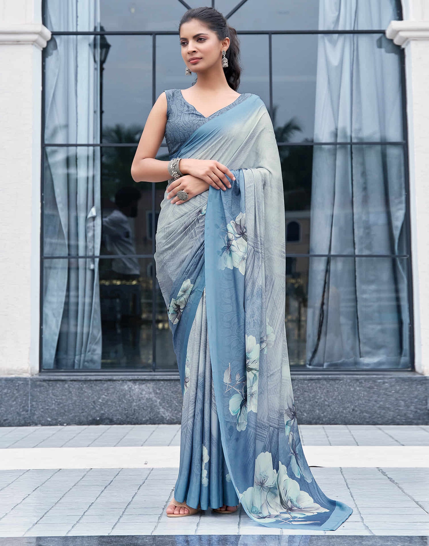 Grey Silk Printed Saree