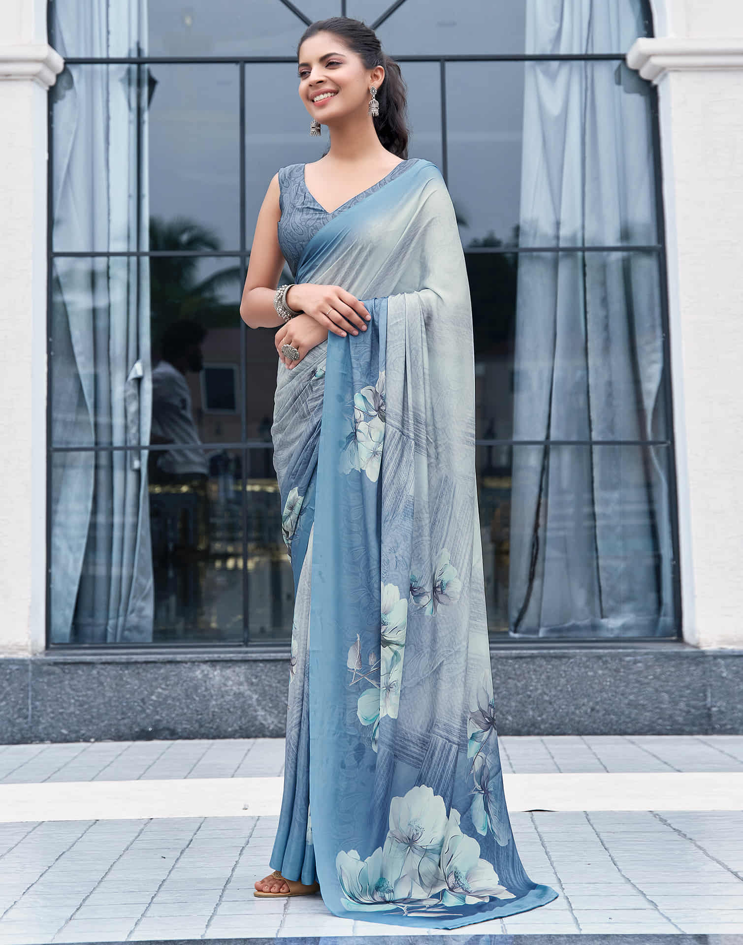 Grey Silk Printed Saree