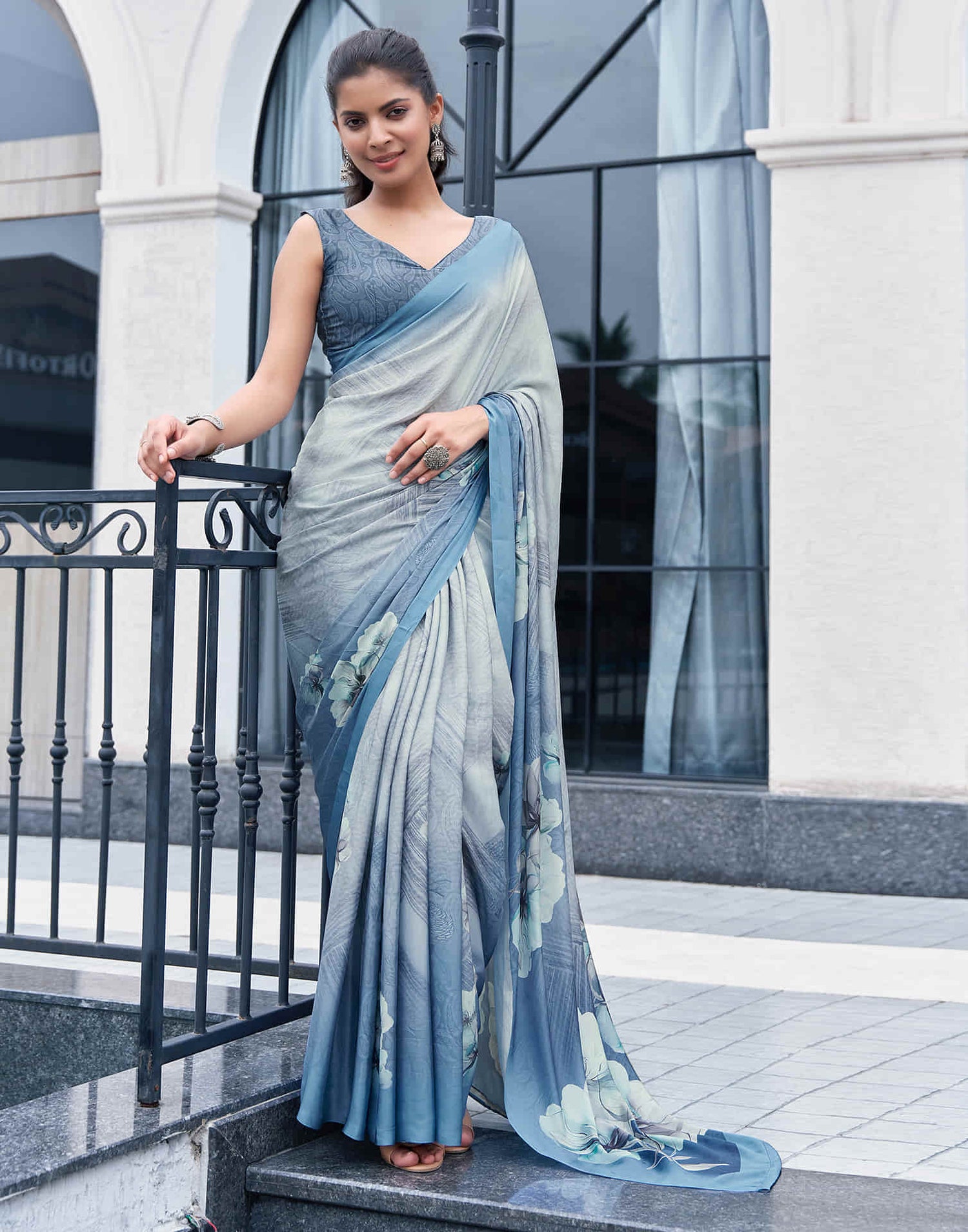 Grey Silk Printed Saree