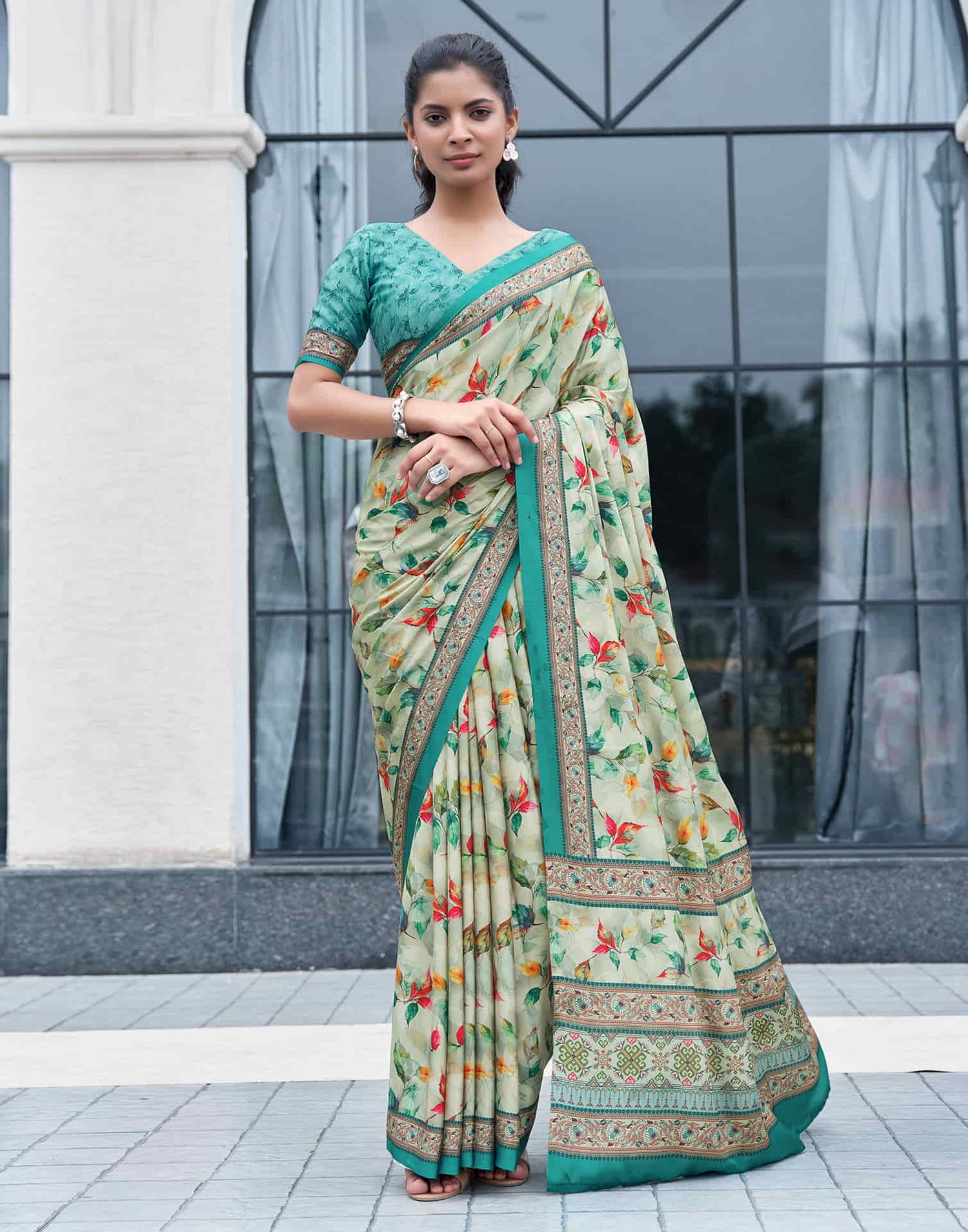 Tea Green Silk Printed Saree