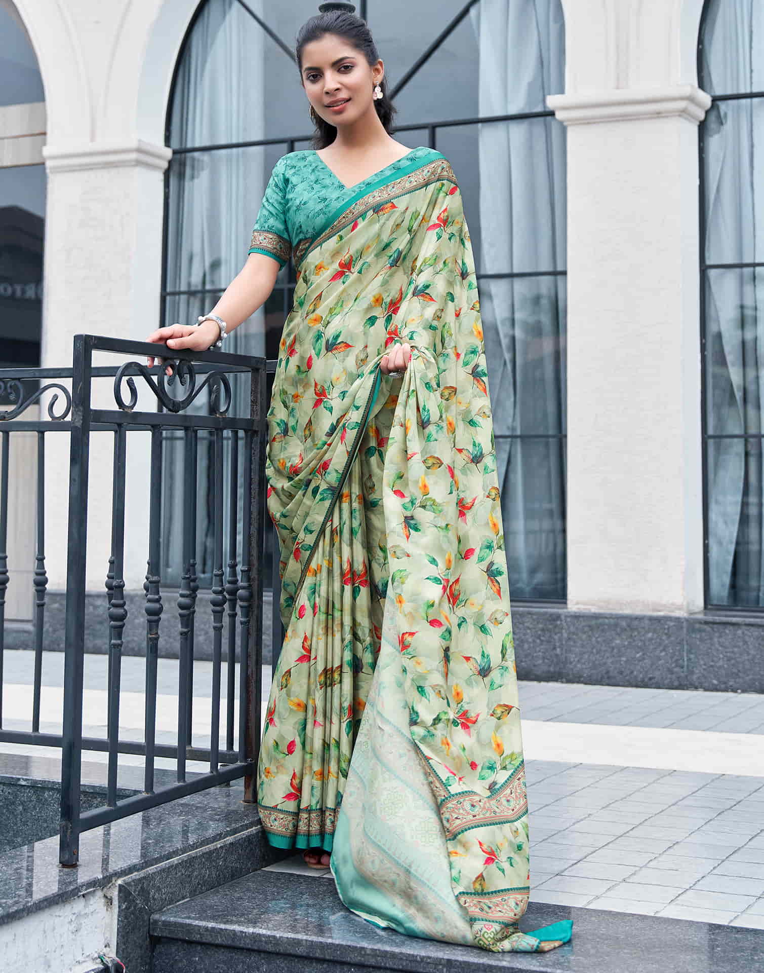 Tea Green Silk Printed Saree