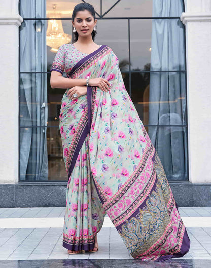 Cream Silk Printed Saree