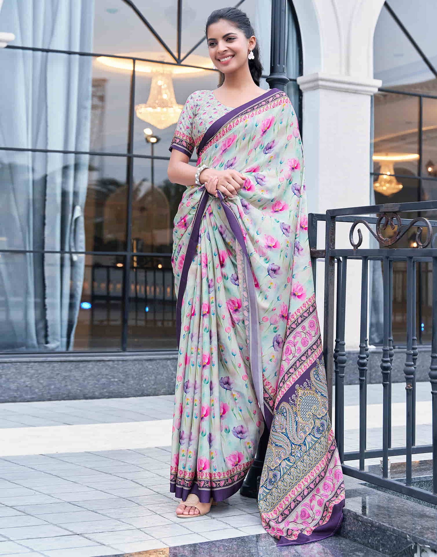 Cream Silk Printed Saree