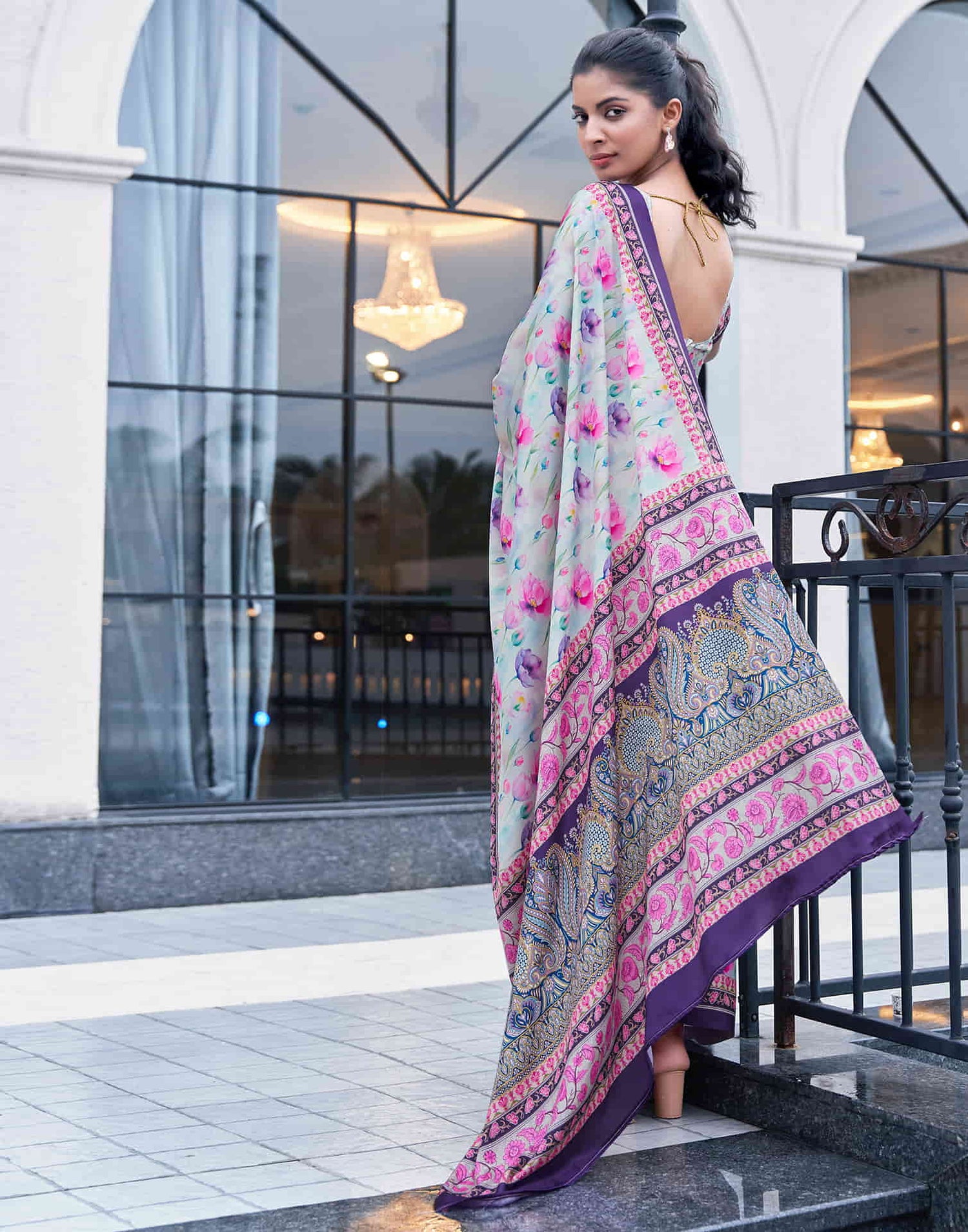 Cream Silk Printed Saree