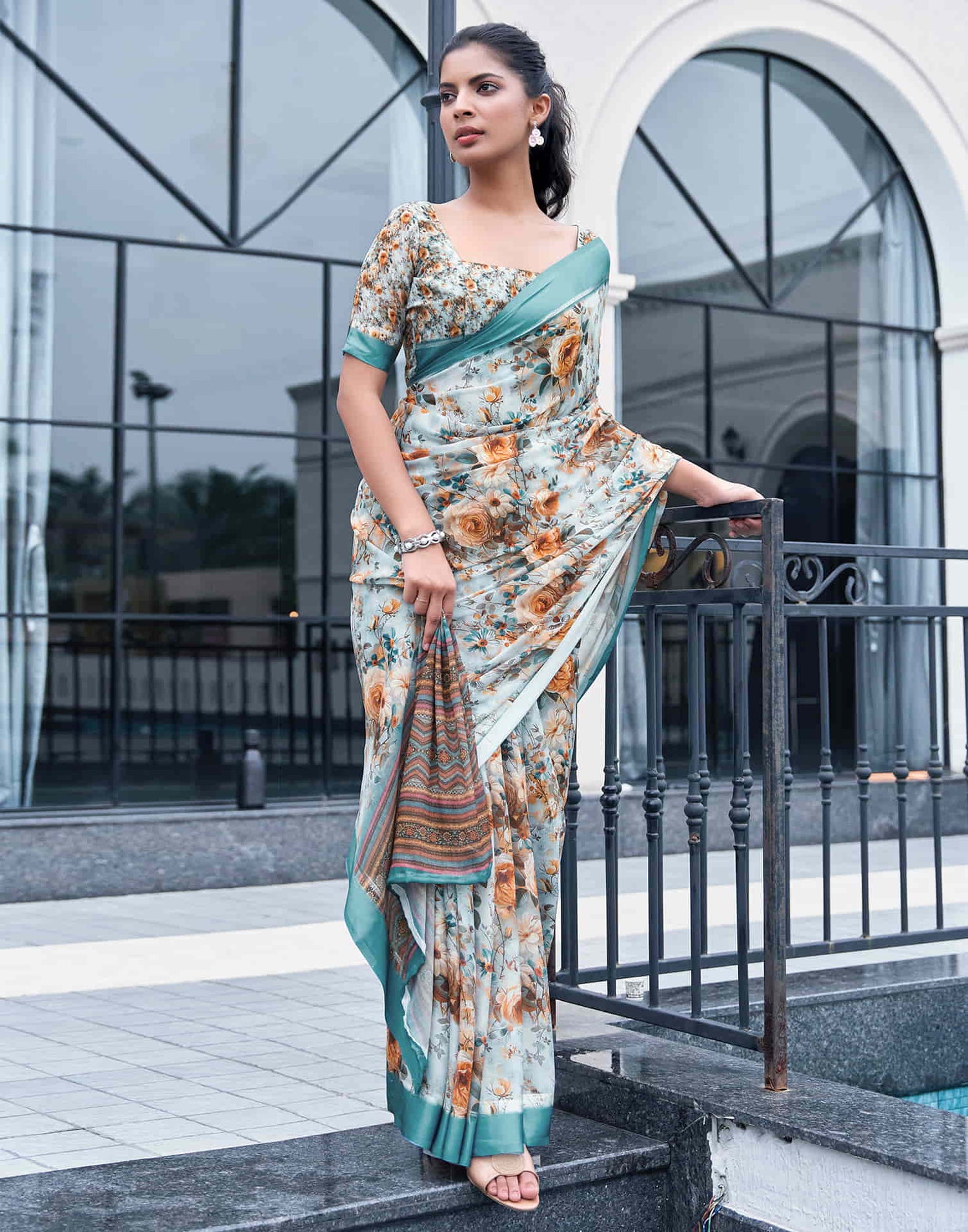 Light Sky Blue Georgette Printed Saree