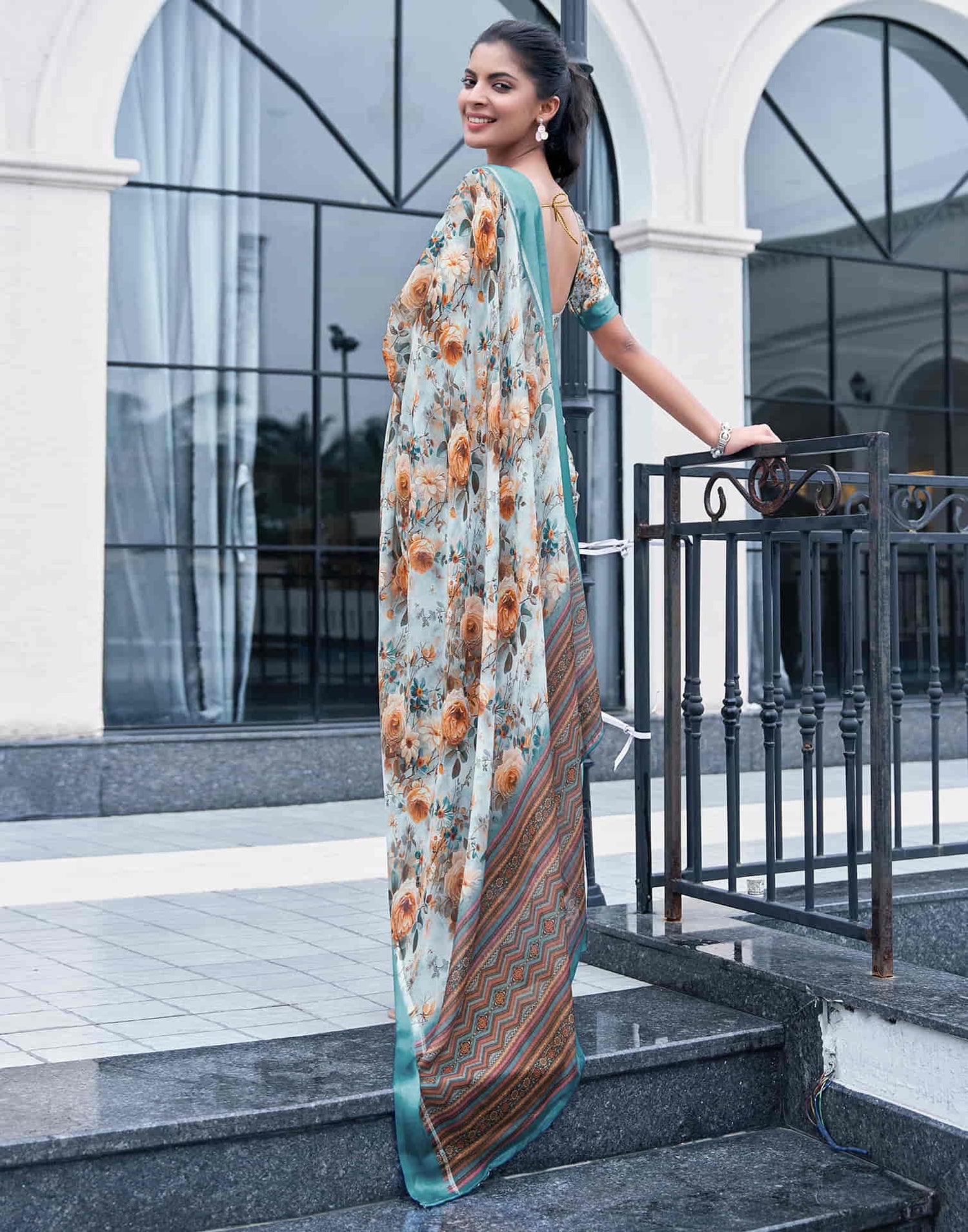 Light Sky Blue Georgette Printed Saree