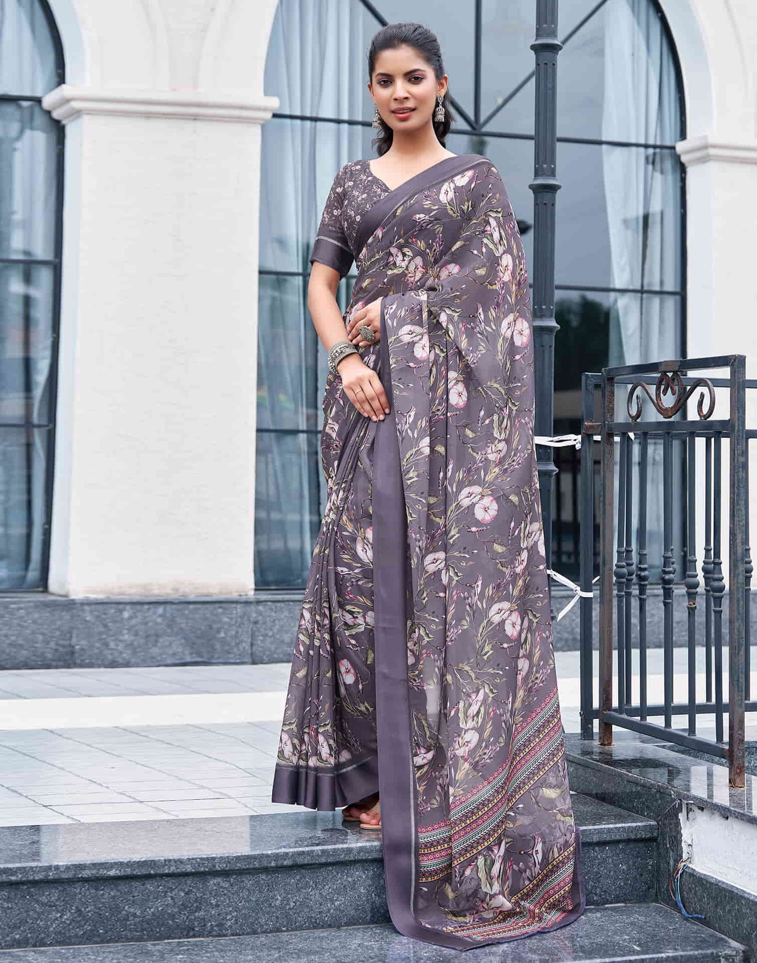 Dusty Mauve Georgette Printed Saree