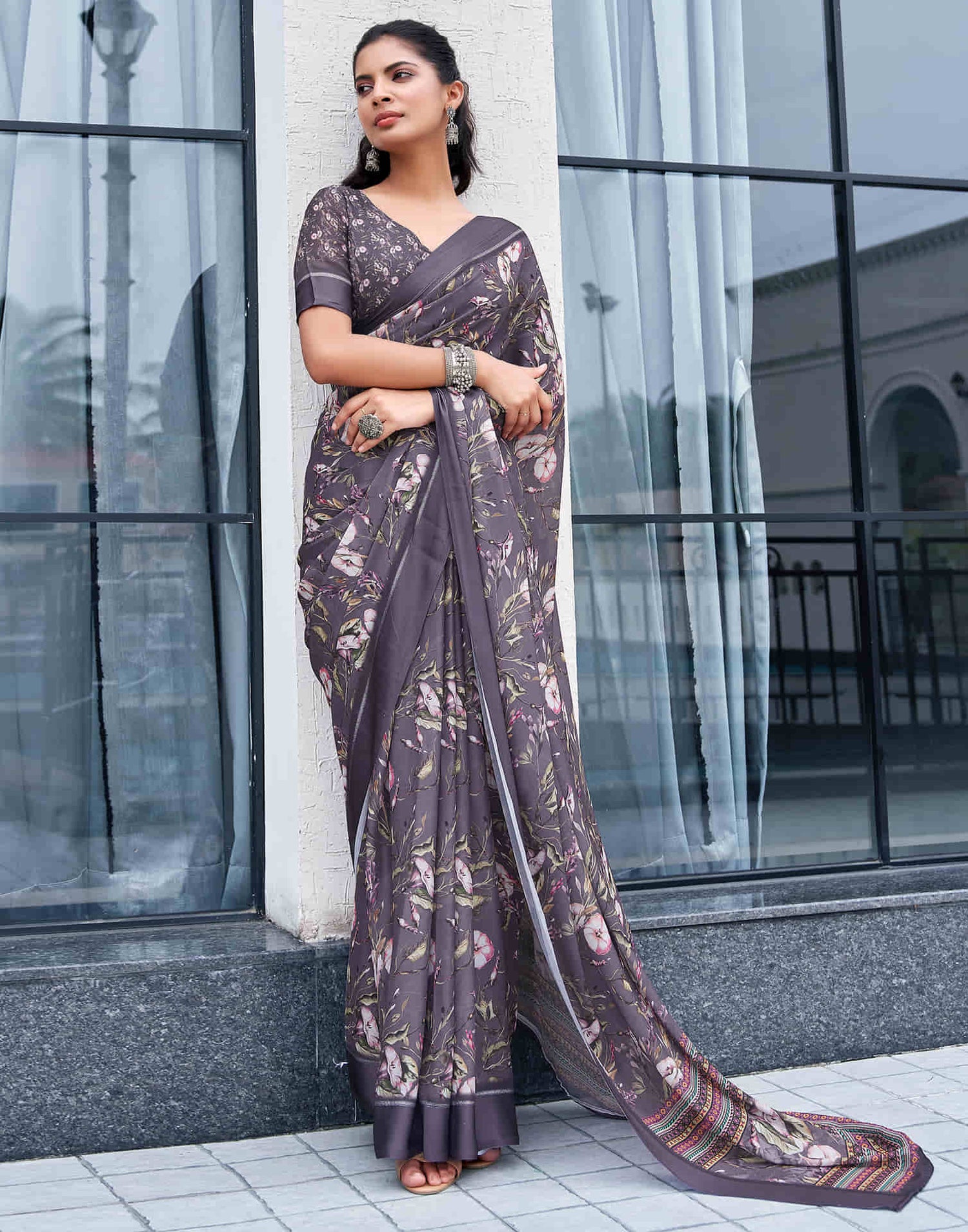 Dusty Mauve Georgette Printed Saree