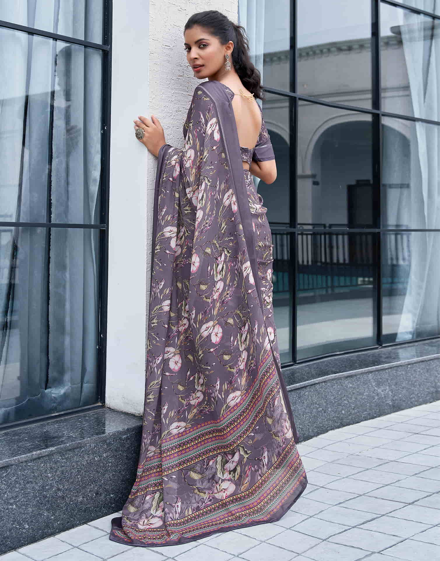 Dusty Mauve Georgette Printed Saree