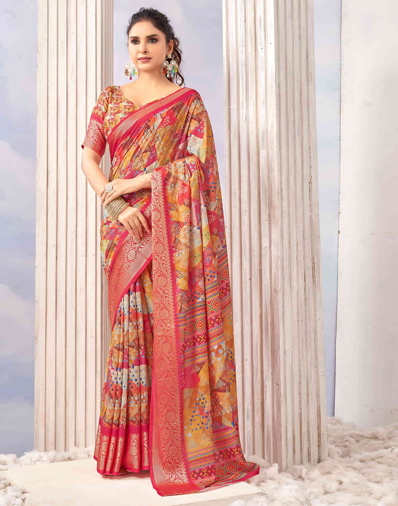 Punch Pink Cotton Geometric Printed Saree